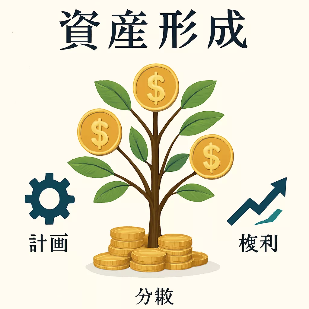 資産形成の戦略を示すイメージ図。お金の木が成長し、その周りに計画、分散、複利のアイコンが配置されている