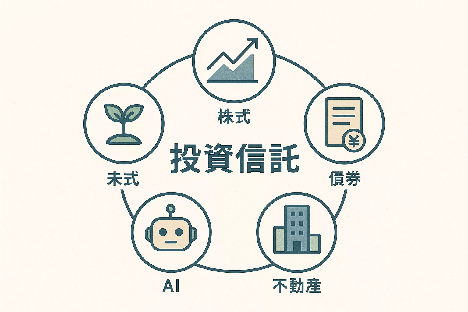 株式、債券、不動産、AI、ESGなど多様なアイコンが円状に並んだ図