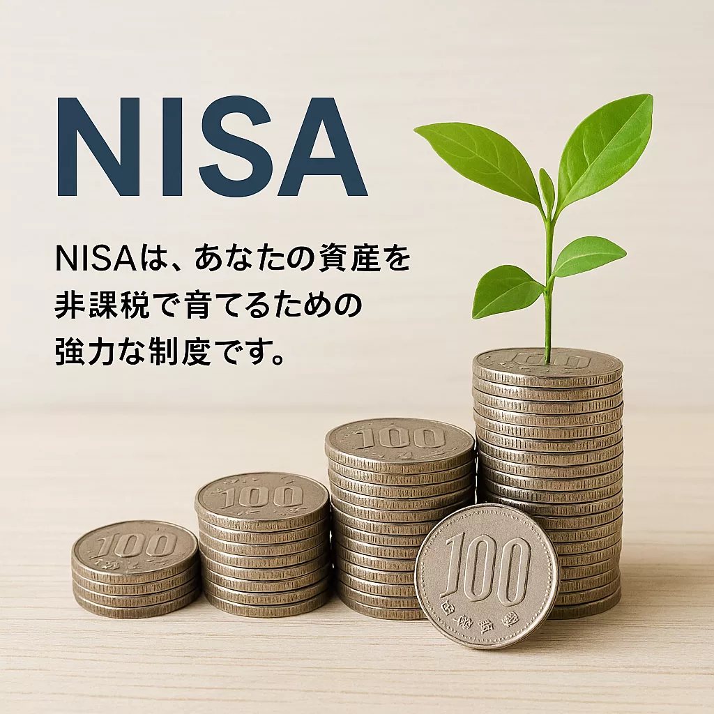 NISAのロゴと日本円、成長する植物のイメージ
