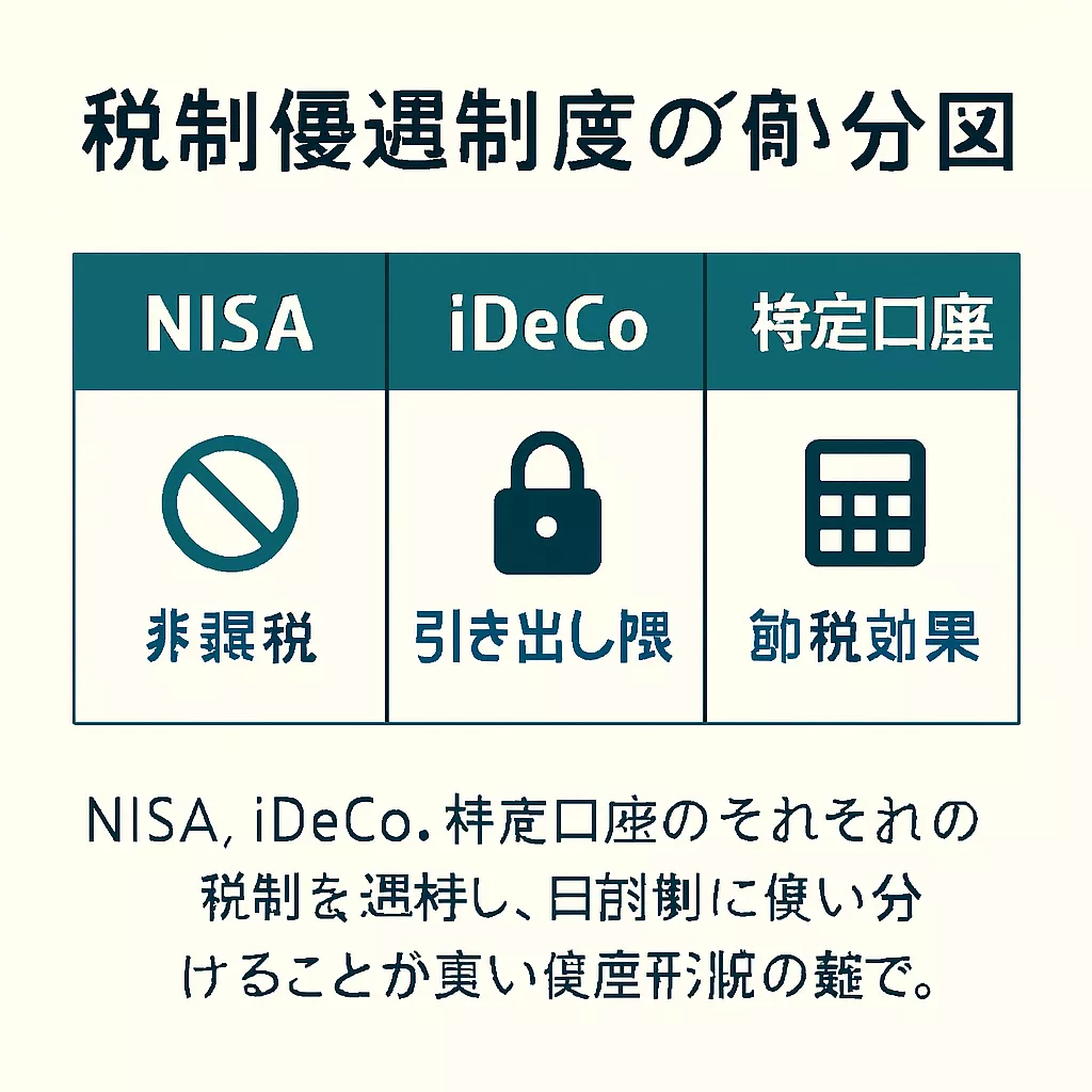NISA、iDeCo、特定口座を使い分ける戦略を示す図