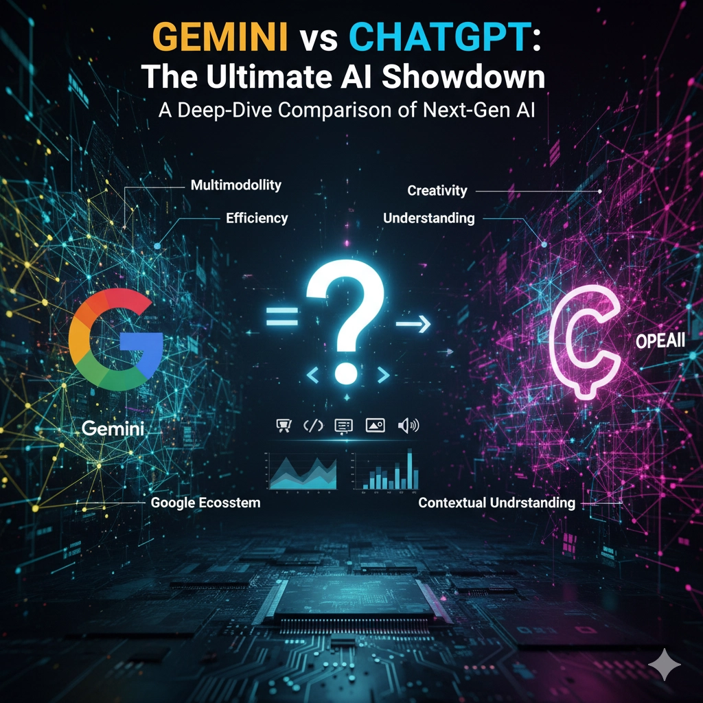 Google Gemini（多角的なアイコンや色）とChatGPT（OpenAIのロゴやシンボル）を象徴する二つの対照的なビジュアル要素が、天秤や比較チャートの上に対置されているデジタルアート。両モデルのマルチモーダル性能、速度、推論能力を比較検討する様子を表現。