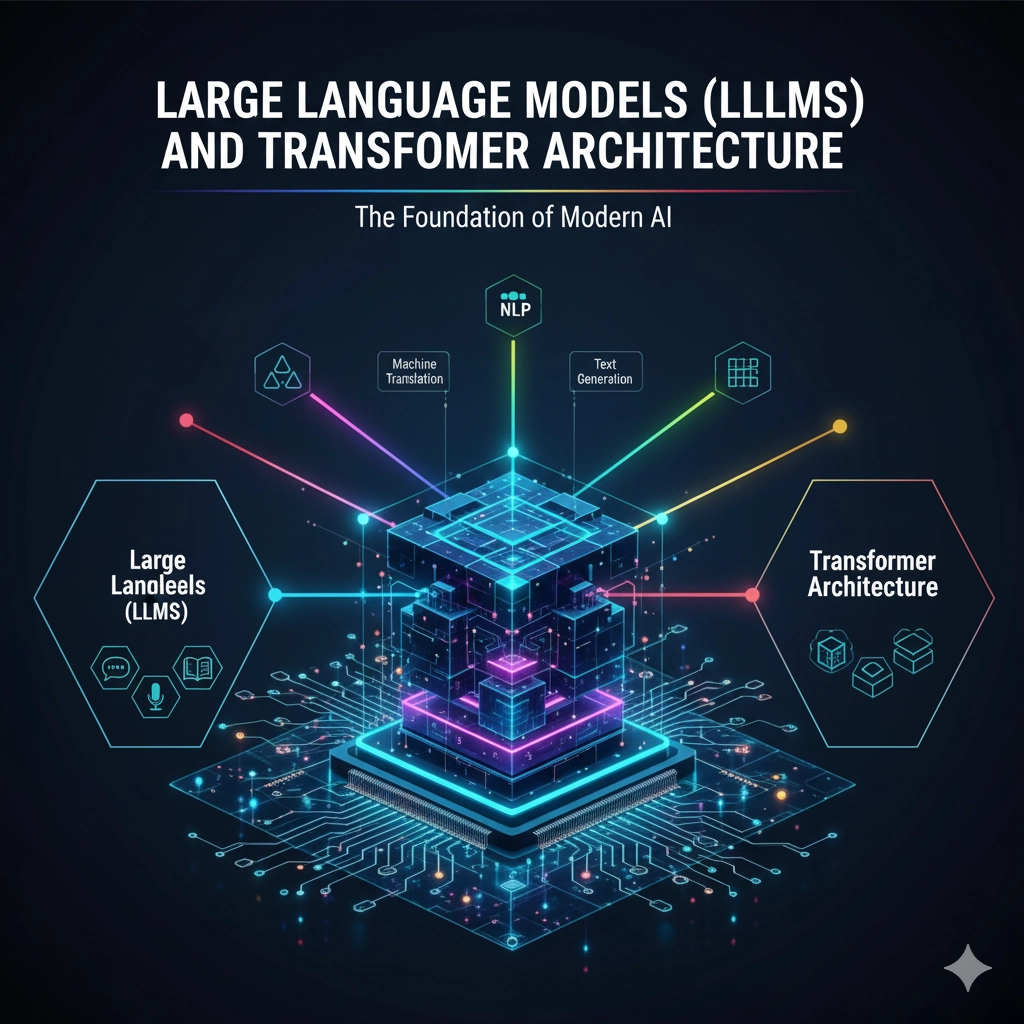 複雑に入り組んだデジタルネットワークや、エンコーダとデコーダのブロック図、そして特に「Attention is All You Need」の論文で知られる自己注意機構（Self-Attention Mechanism）を象徴する多数の接続線が描かれた、抽象的かつ技術的な回路図やデータフロー図。LLMの基盤技術であるTransformer構造を表現。