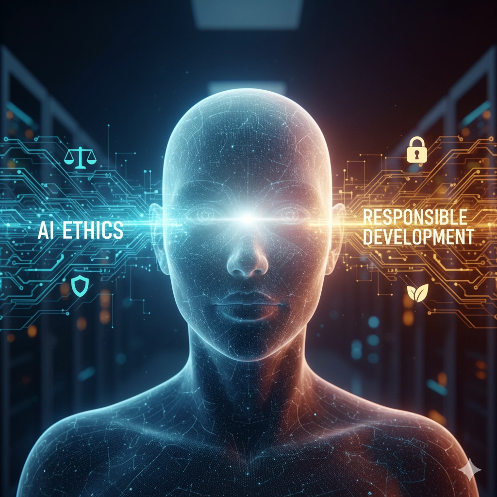 AI技術（データと回路）と倫理的な価値観（人間の手や天秤）がバランスを取っている様子を示す抽象的なイラスト。責任あるAI開発の概念を表現。