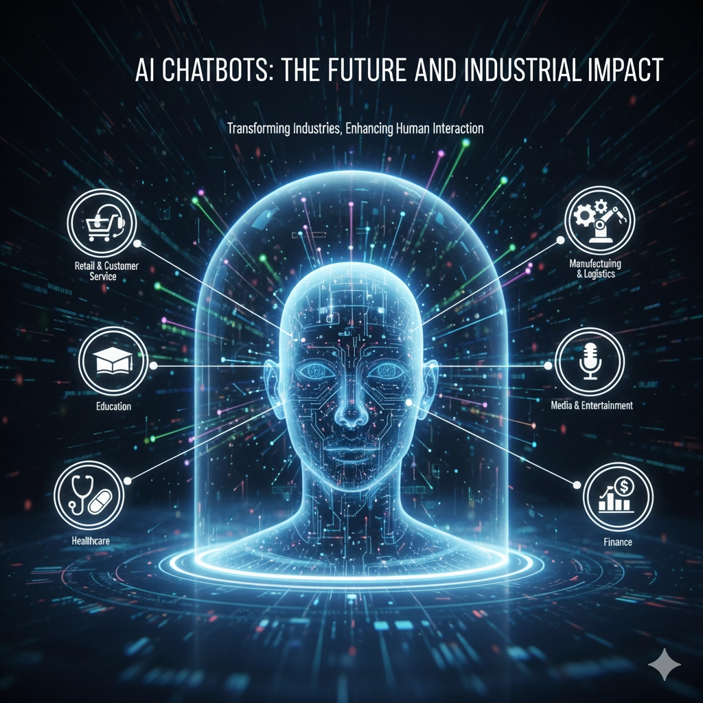 チャットウィンドウや吹き出し（対話）のアイコンが中心にあり、そこから医療、金融、カスタマーサービス、製造業など、異なる産業を象徴するアイコン（例：心電図、グラフ、工場、ヘッドセット）へ光線や接続が伸びているデジタルイラスト。AIチャットボットが広範囲の産業を変革する未来を表現。