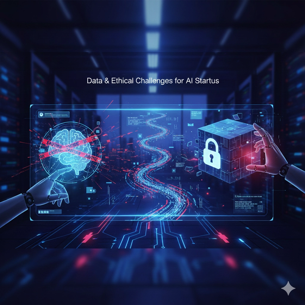 複雑なデータ構造、ロックやバリア、または天秤を視覚的に示し、AIスタートアップが直面するデータ管理と倫理的ジレンマを象徴する抽象的なデジタルイメージ。