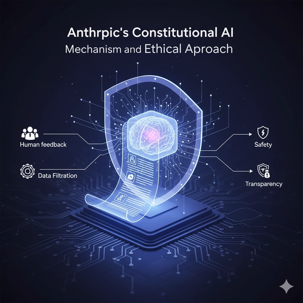 厳格なルールや法典（Constitution）を象徴するテキストやシンボルが、AIモデル（デジタルな脳や回路図）を取り囲むように表示されている抽象的な画像。AIの倫理と安全性確保のための枠組みを示すデザイン。