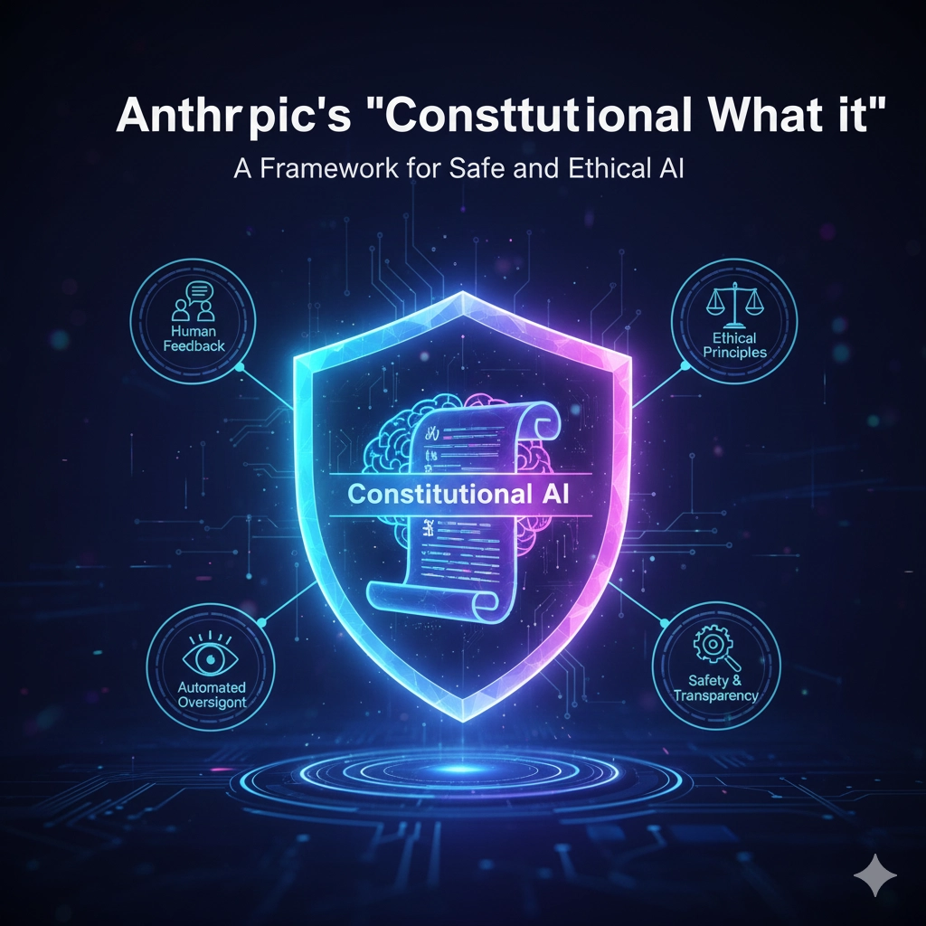 倫理的原則やルールが刻まれた古代の文書（またはデジタルな憲法典）と、それを中心に据えて機能するAIシステム（脳または回路図）を組み合わせた抽象的なデジタルアートワーク。AIの安全性を確保するための枠組みを強調。