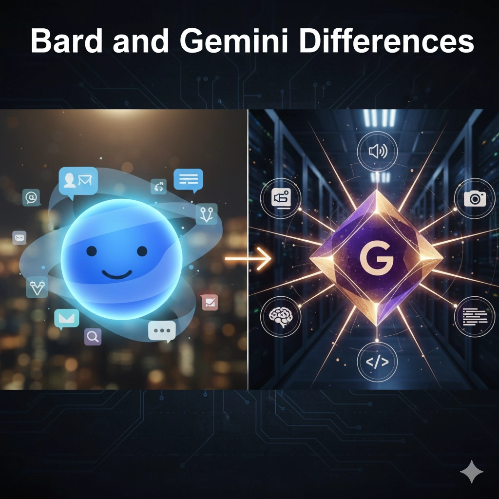 Googleの二つのAIモデル、BardとGeminiを象徴する、異なる色や光を放つ二つの要素が対峙または比較されている技術的な抽象イラスト。