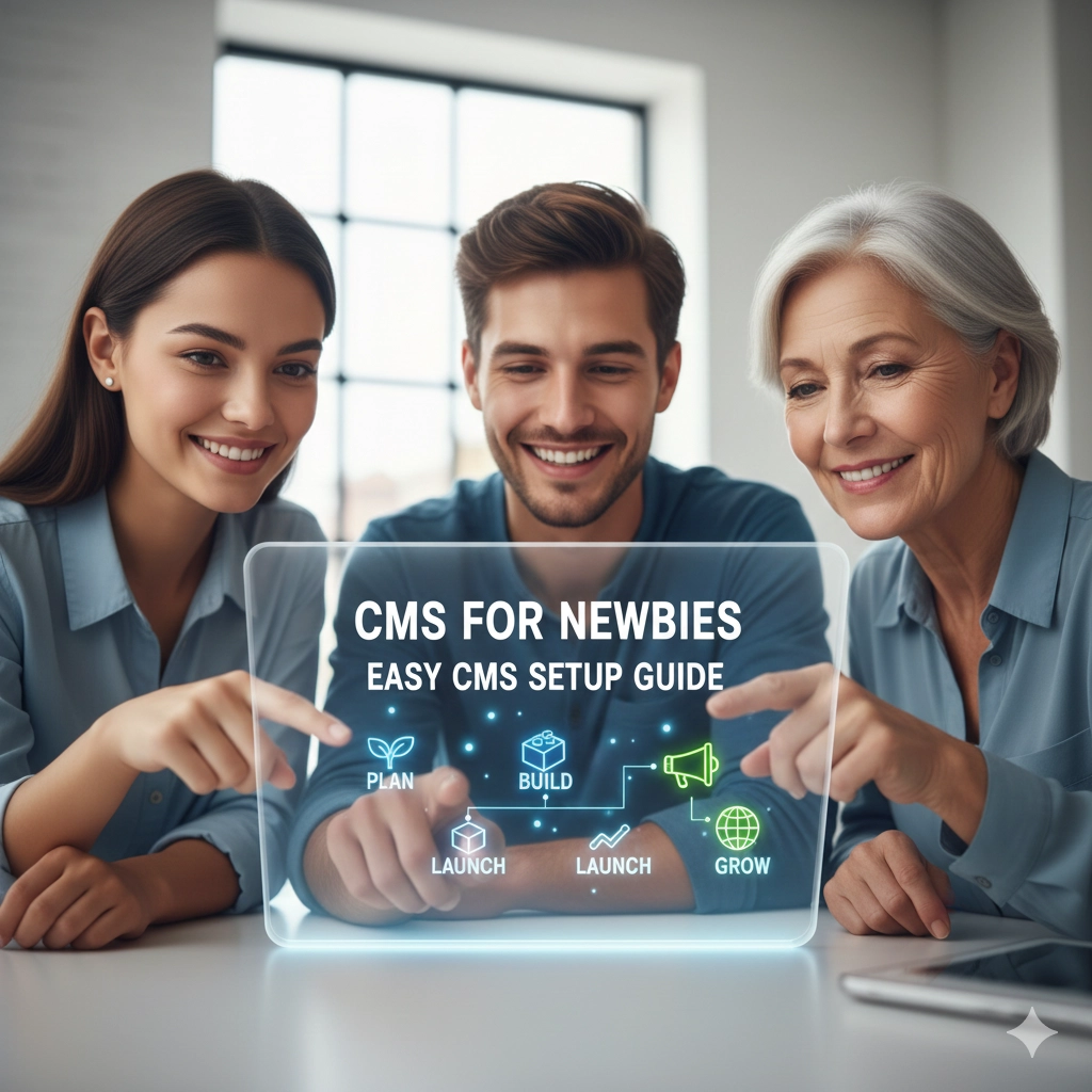 初心者向けに、Webサイトのパーツ（テキスト、画像、設定）が1つの画面に組み立てられていく様子を表現した3Dイラスト。