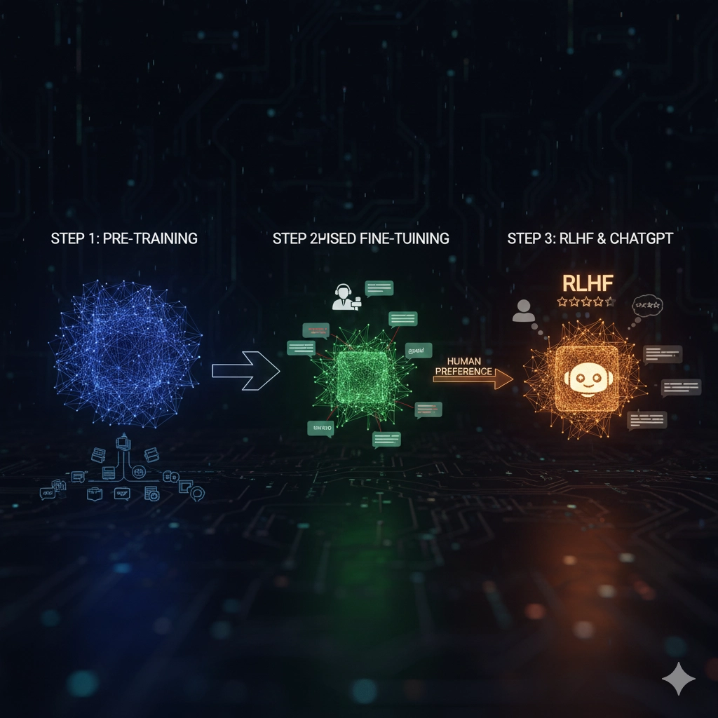 ChatGPTの学習プロセス、特に人間からのフィードバックによる強化学習（RLHF）を示す、訓練と評価のサイクルを強調した技術的な抽象イラスト。