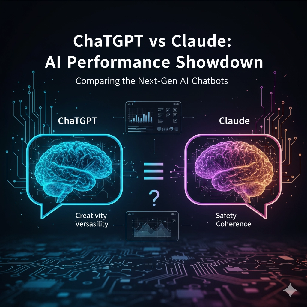 ChatGPTとClaudeを象徴する異なる色のシンボルやキャラクターが、天秤の上に乗っているか、または競争しているダイナミックなビジュアル。性能、安全性、応答の質、倫理的アプローチなどの側面で、二つのAIモデルが比較検討されている様子を表現。