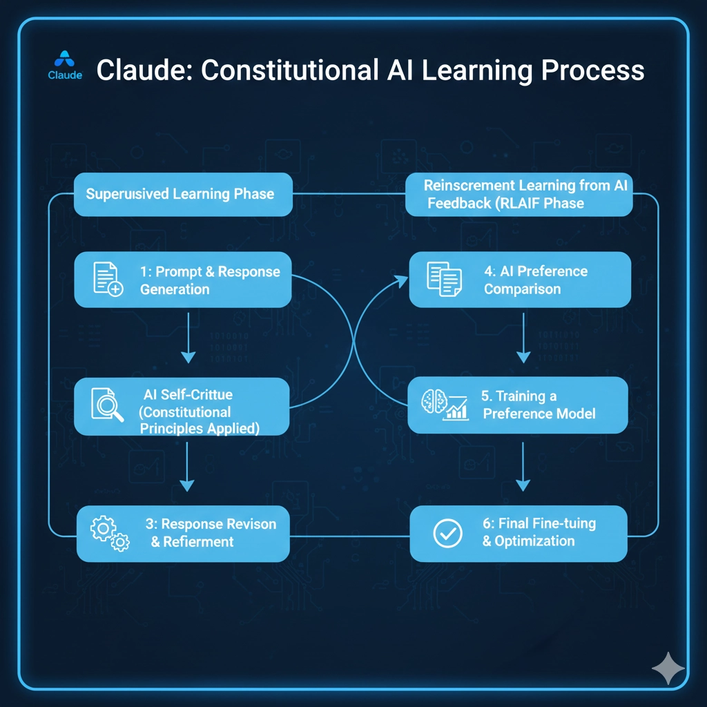 Constitutional AIのフェーズとRLAIFのフローチャート
