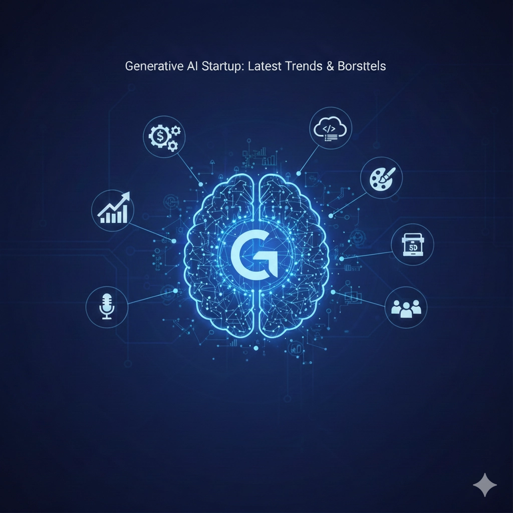 青い背景に、光る脳のニューラルネットワーク図があり、そこからフリーミアム、サブスクリプション、APIアクセス、エンタープライズソリューション、AI-as-a-Serviceなどの様々なビジネスモデルアイコンが放射状に伸びている、生成AIのスタートアップのトレンドとビジネスモデルを示す図。