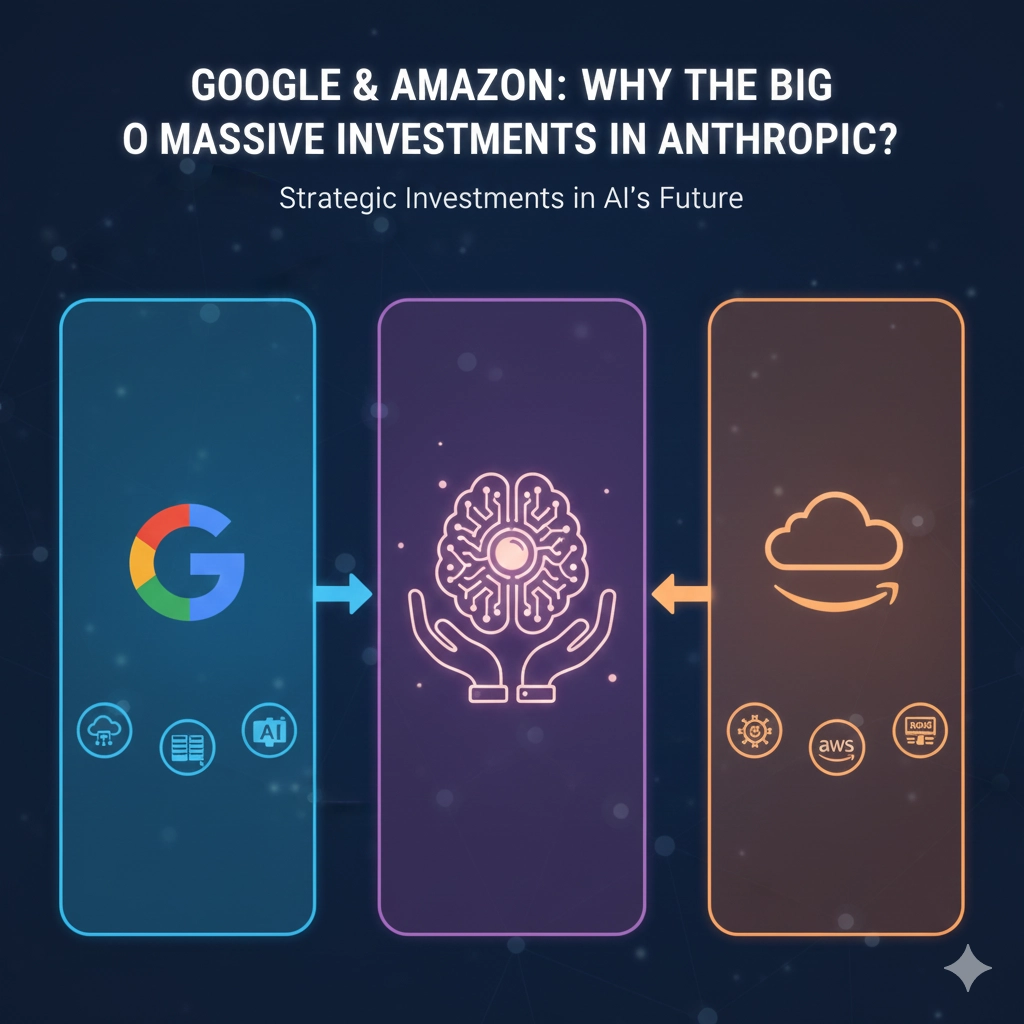 GoogleとAmazonを象徴するロゴや色が、Anthropicのシンボル（例えば、安全性や憲法AIを連想させる盾や光）へと流れ込む、大規模な資金注入と戦略的提携を示すデジタルビジュアル。AI競争における大手の動きを表現。