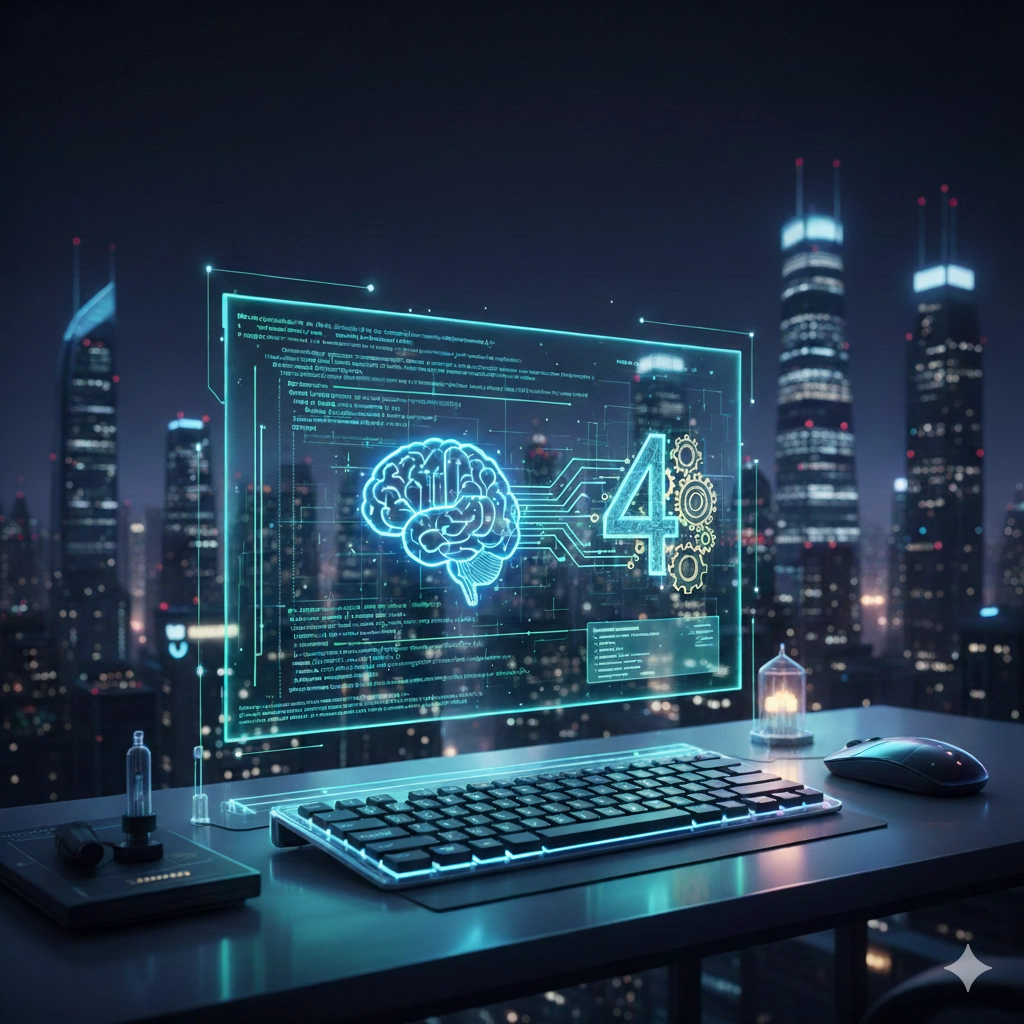 夜景を背景に、ネオンで光る「4」の数字と脳のアイコン、そしてコードが表示されたホログラフィックなディスプレイを映すデスク。GPT-4がもたらすプログラミングの未来を示すSF風のイメージ。