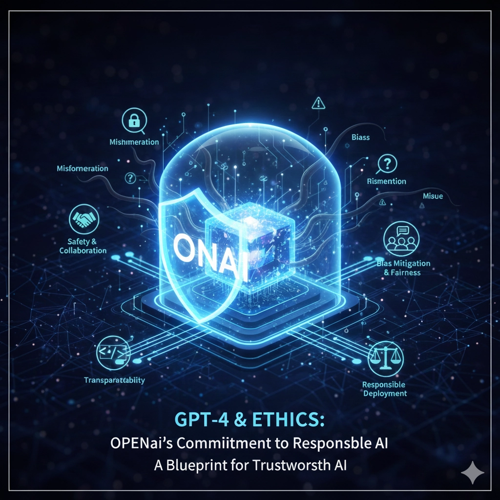 強力なAIシステム（GPT-4を象徴する明るい光または複雑なデジタル回路）が、一方で規制、倫理、バイアスを象徴する枷や鎖、あるいは厳格な枠組みに囲まれている様子を描いた抽象的なデジタルアート。OpenAIが技術の進歩と安全性の確保の間でバランスを取ろうとしている試みを表現。