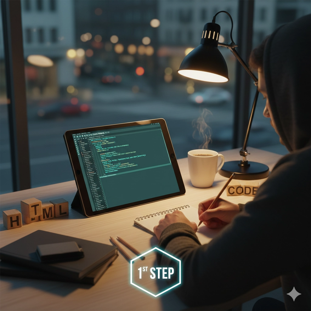 パソコンの画面にHTMLのコードが並び、Webサイトの骨組みが構築されていく様子を表現した3Dイラスト