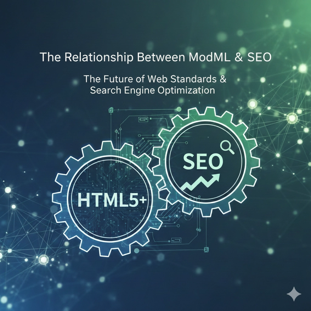 最新のHTML仕様とSEOの結びつきを、連動する歯車とデジタルネットワークの背景で表現したコンセプト画像