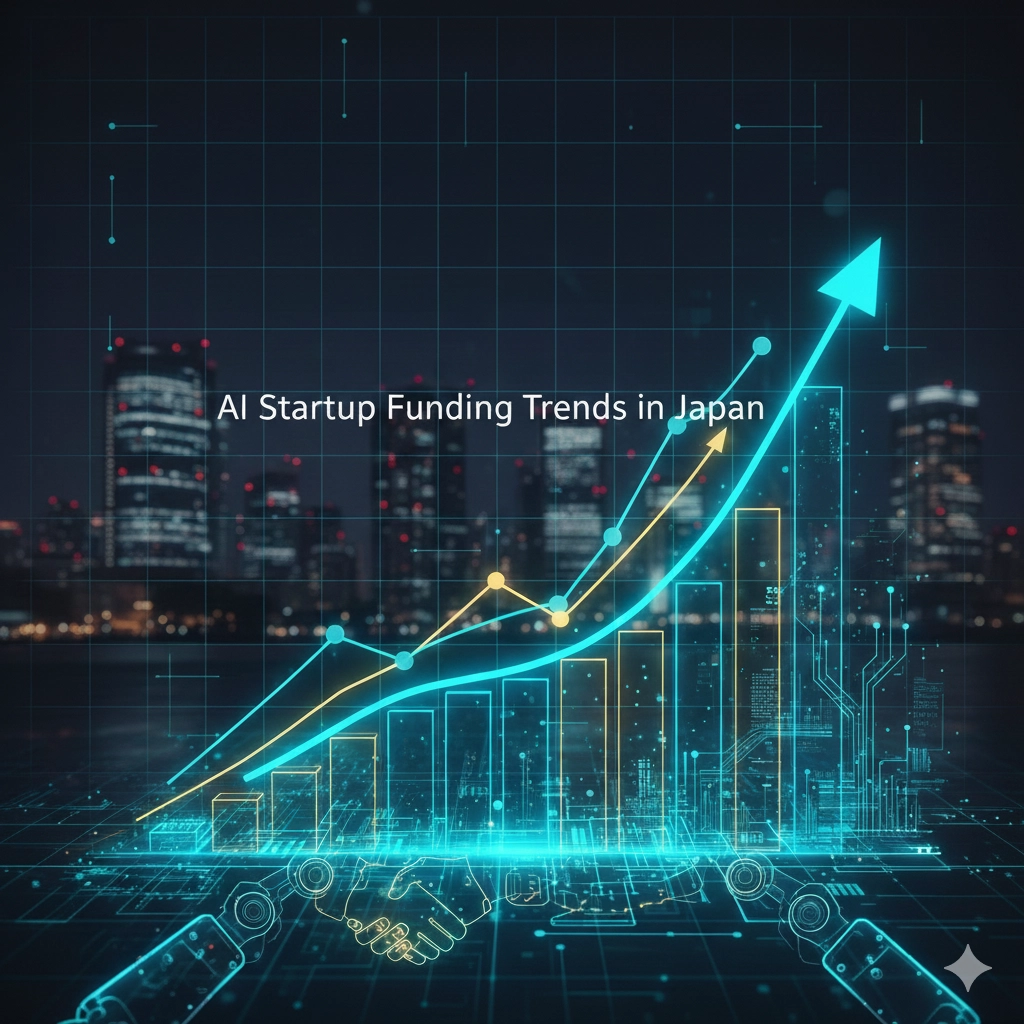 日本のAIスタートアップの資金調達動向を示す、上昇するグラフと円のシンボルを持つ未来的な都市の夜景。