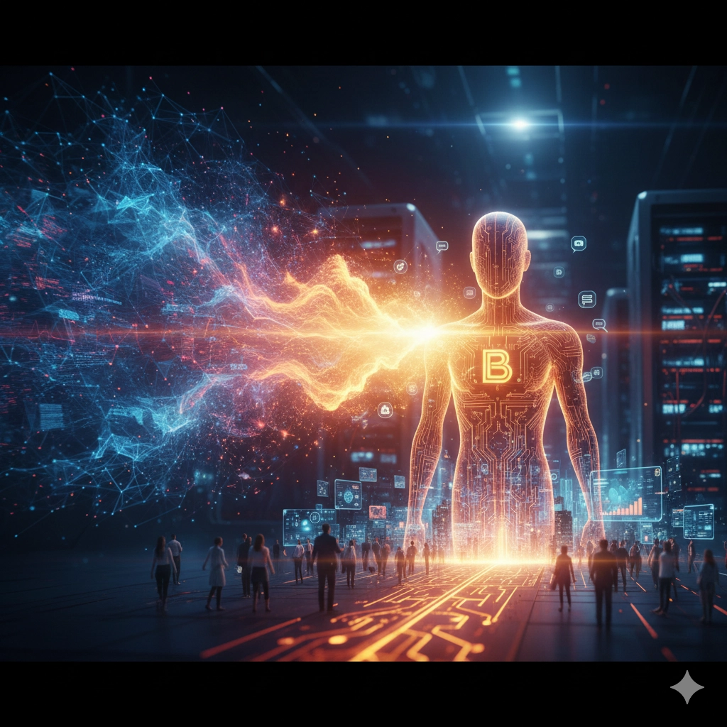 大規模言語モデル（LLM）の急速な進化を象徴する、データストリームと光の波紋が広がる未来的なイラスト。Bardの登場による市場へのインパクトを表現。