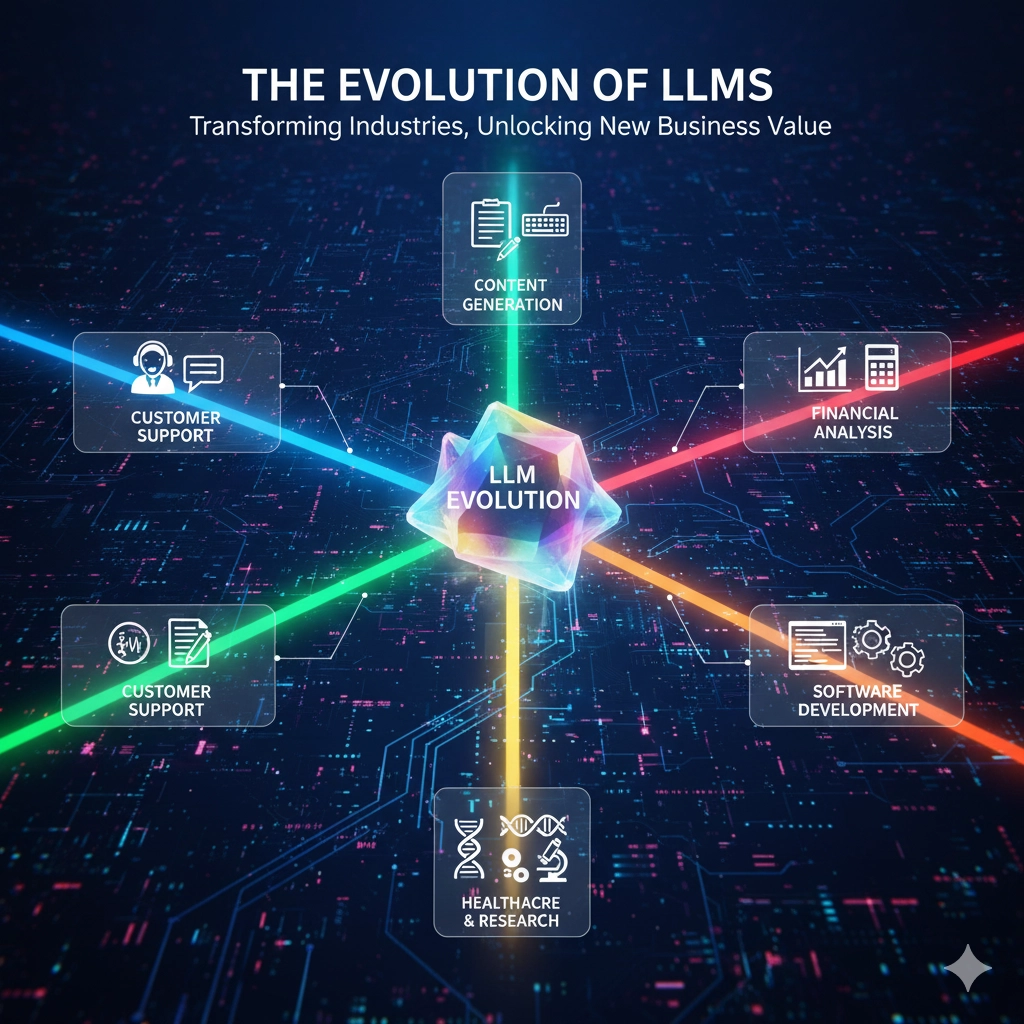 テキスト、コード、データ、人間の言語を象徴するアイコンが、中央の進化するAIシステム（大規模言語モデル）に流れ込んでいるデジタルアートワーク。そのAIシステムから、グラフ、建物、顧客サービス、法務など、多様なビジネス分野を示すアイコンへと接続が伸びており、LLMの広範な応用例を表現。