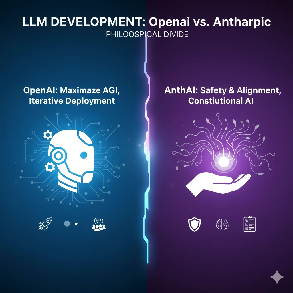 二つの異なる色が対比されているか、または二つの独立した脳/AIシステムが向き合っている抽象的なデジタルアートワーク。一方の象徴はOpenAIを、もう一方はAnthropicを示しており、大規模言語モデル（LLM）開発における哲学的な違いを表現している。