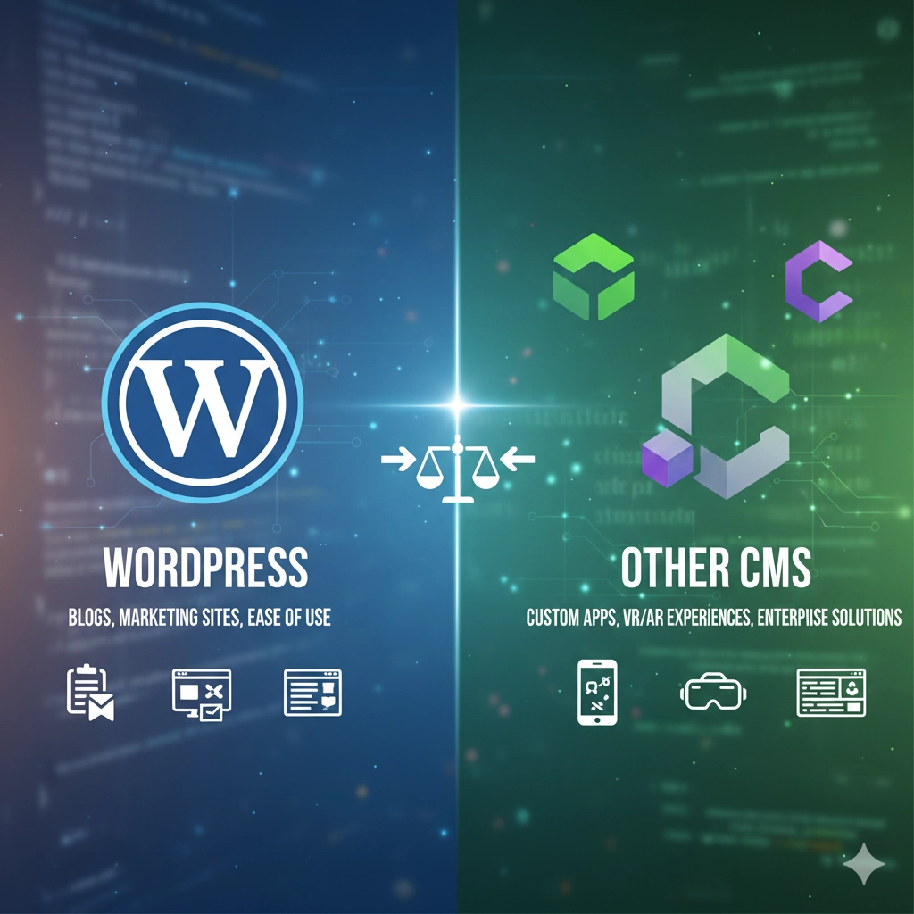 WordPressのロゴと、他のCMSを象徴する複数のアイコンが天秤の両側に配置され、どちらを選ぶべきか比較検討しているイメージ画像。
