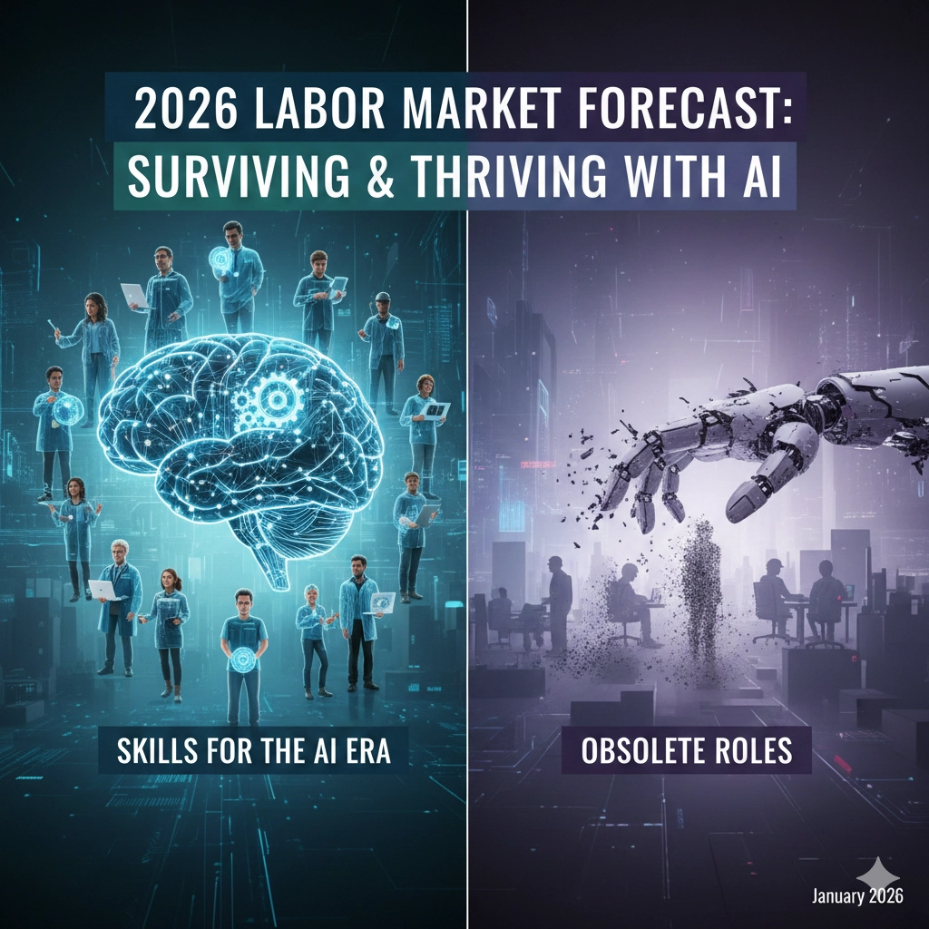 2026年の労働市場予測を表現した、AIと共生するスキルを持つ人々と、淘汰される職種を対比させたデジタルアート画像
