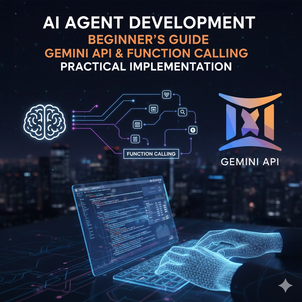 AIエージェント開発をイメージした画像。中央にGeminiを象徴するアイコンがあり、そこから外部ツールやコードの実行（Function Calling）を連想させる接続線が広がっているデザイン。