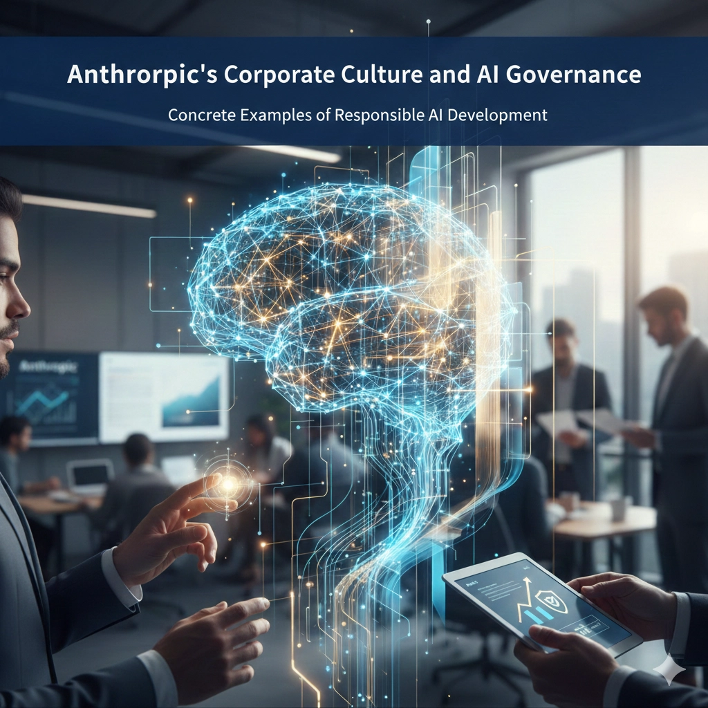 オフィス環境でAIのホログラムを分析する人々と、Anthropicのガバナンスを象徴するイメージ図