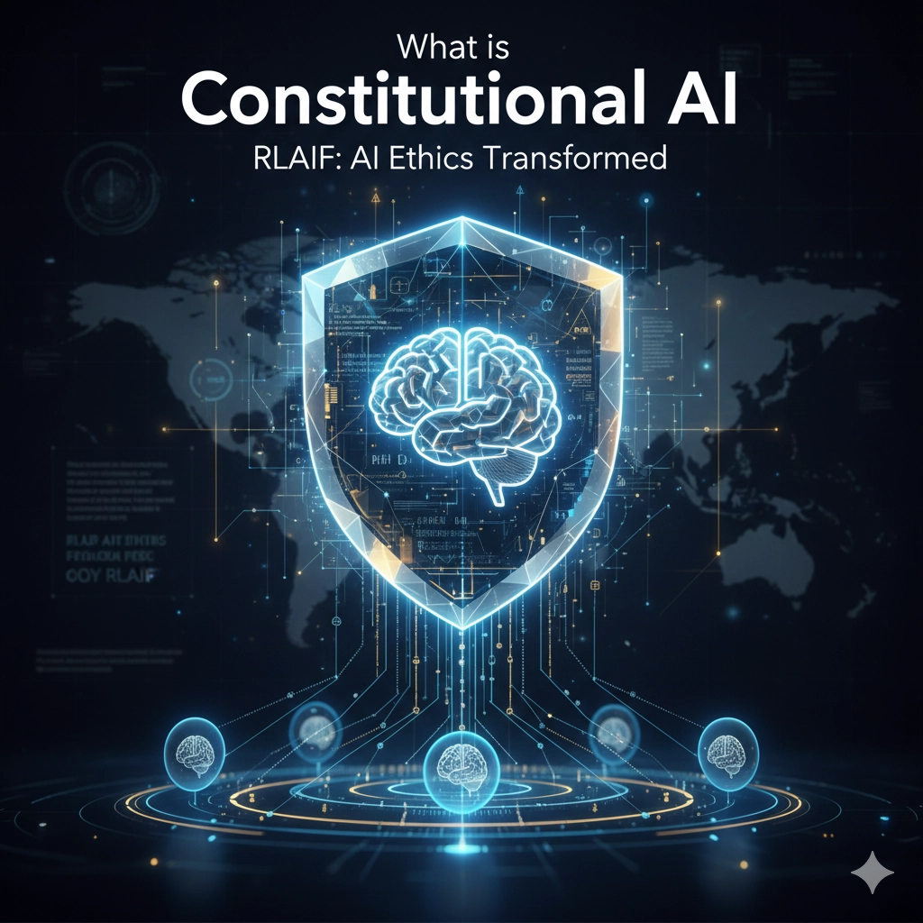 デジタル化された憲法のような文書を背景に、AIの倫理的枠組み（Constitutional AI）を調整するエンジニアの手と、自律的に学習するニューラルネットワークのイメージ