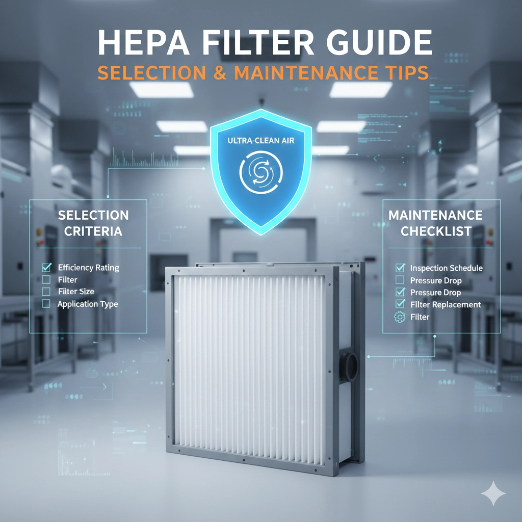 HEPAフィルターの断面構造と、空気の流れ（エアフロー）を可視化したテクニカルイラスト。微粒子がろ過される様子と、点検をイメージしたチェックリストのアイコンが配置された画像。