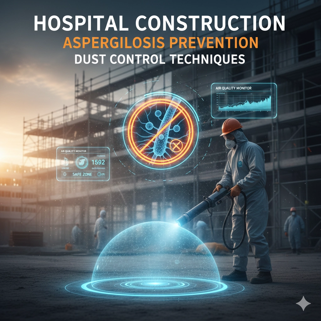 病院の建設現場において、透明なパーティションで隔離された防塵対策の様子。浮遊する微粒子をブロックするバリアと、医療安全を象徴するアイコンが描かれたコンセプト画像。