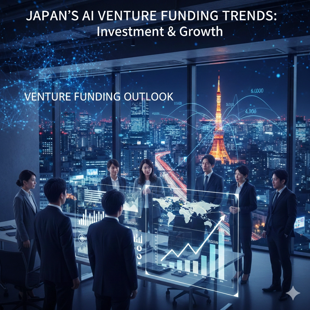 日本の都市景観を背景に、上昇するグラフとデジタルネットワーク、通貨（円・ドル）のシンボルが融合したAIベンチャーの資金調達を象徴するビジュアル