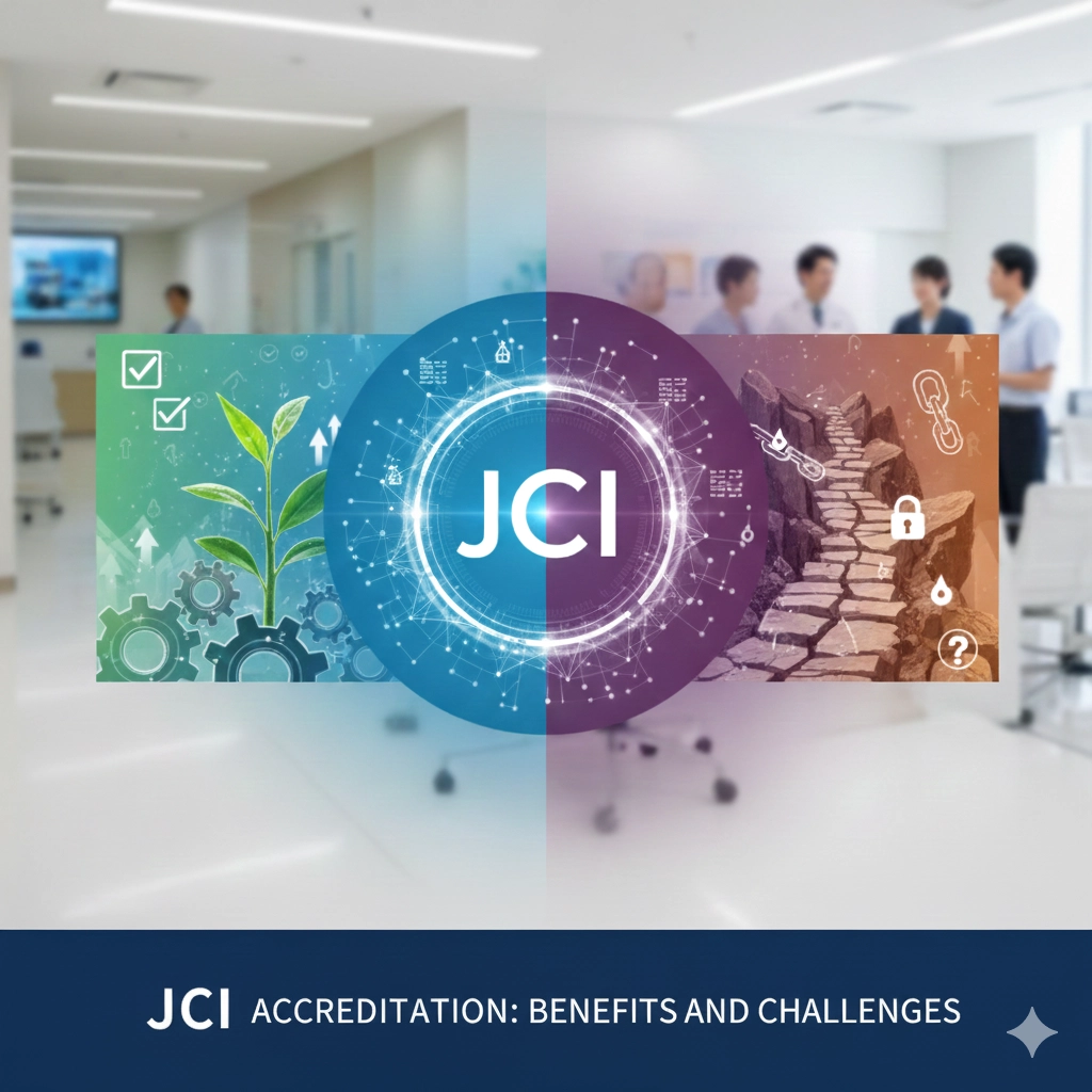 医療施設の背景に、日本地図と地球儀、デジタルネットワークが重なったグラフィック。JCI認証による国際的な医療の質向上を象徴するイメージ。