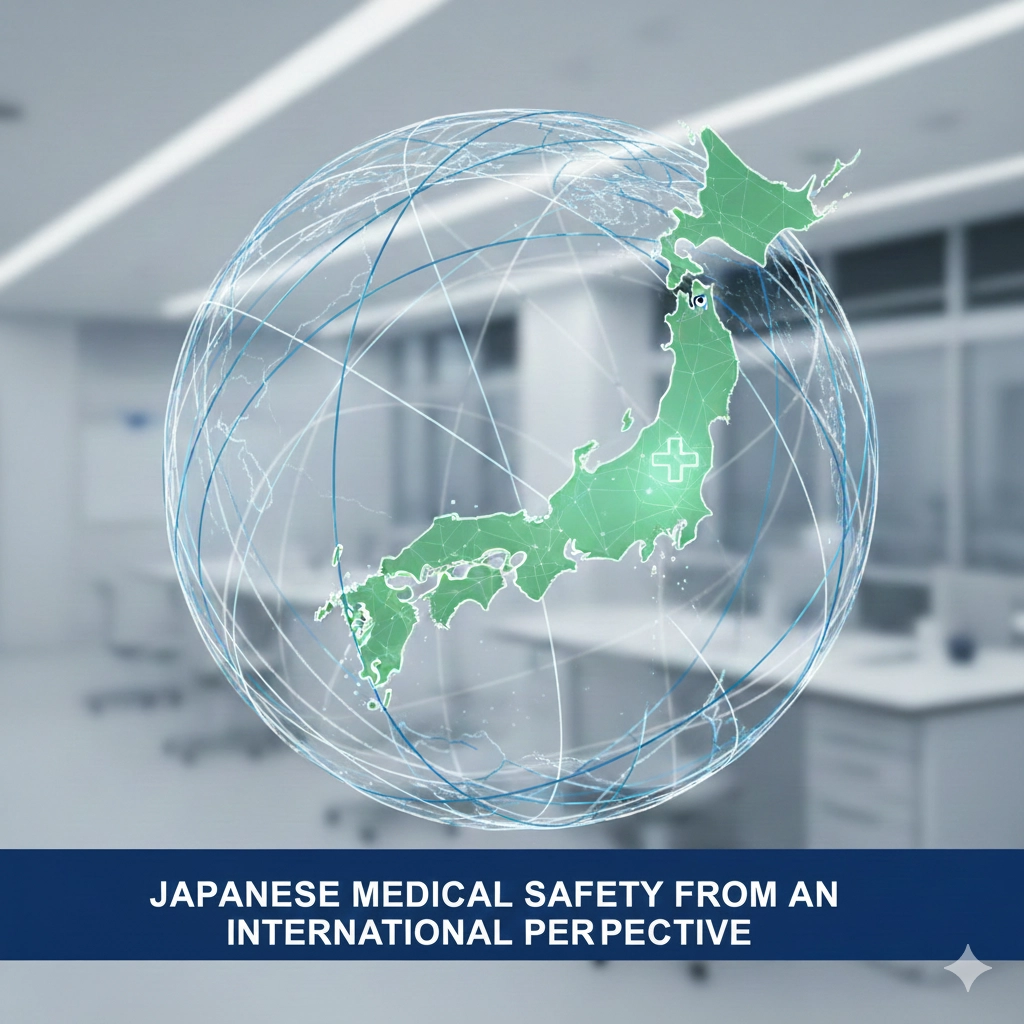 医療現場の背景に、日本地図と地球儀のネットワークが重なったグラフィック。国際基準の医療安全を象徴するイメージ。