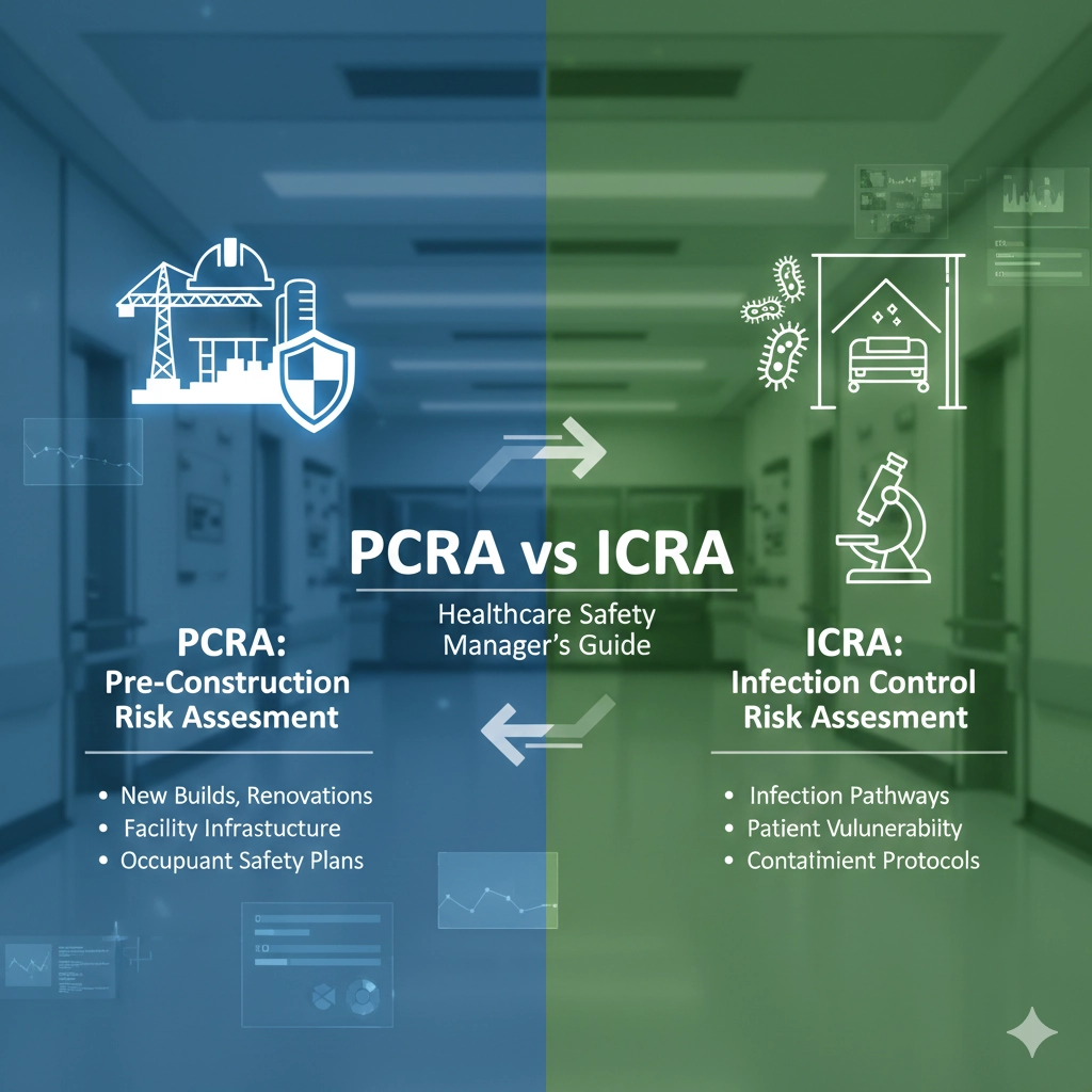 医療施設の平面図と安全ヘルメット、医療用の青い十字マークが並び、PCRA（工事前リスク評価）とICRA（感染管理リスク評価）の比較を象徴するインフォグラフィック風の画像。