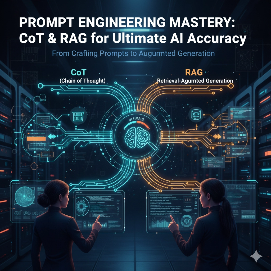 AIの思考プロセス（Chain of Thought）を象徴する光の連鎖と、外部データ（RAG）を統合するサイバー空間のインターフェース