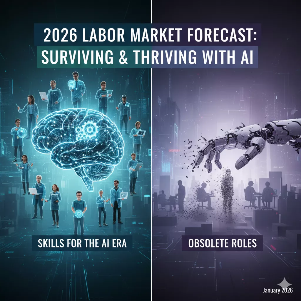 2026年の労働市場予測を表現した、AIと共生するスキルを持つ人々と、淘汰される職種を対比させたデジタルアート画像