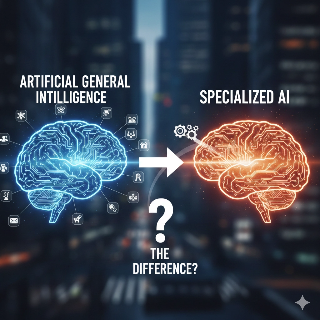脳のネットワーク図を用い、多機能なAGI（青）と特定のタスクに特化したSpecialized AI（赤）の対比を表現したインフォグラフィック画像。中央に「THE DIFFERENCE?」の文字。