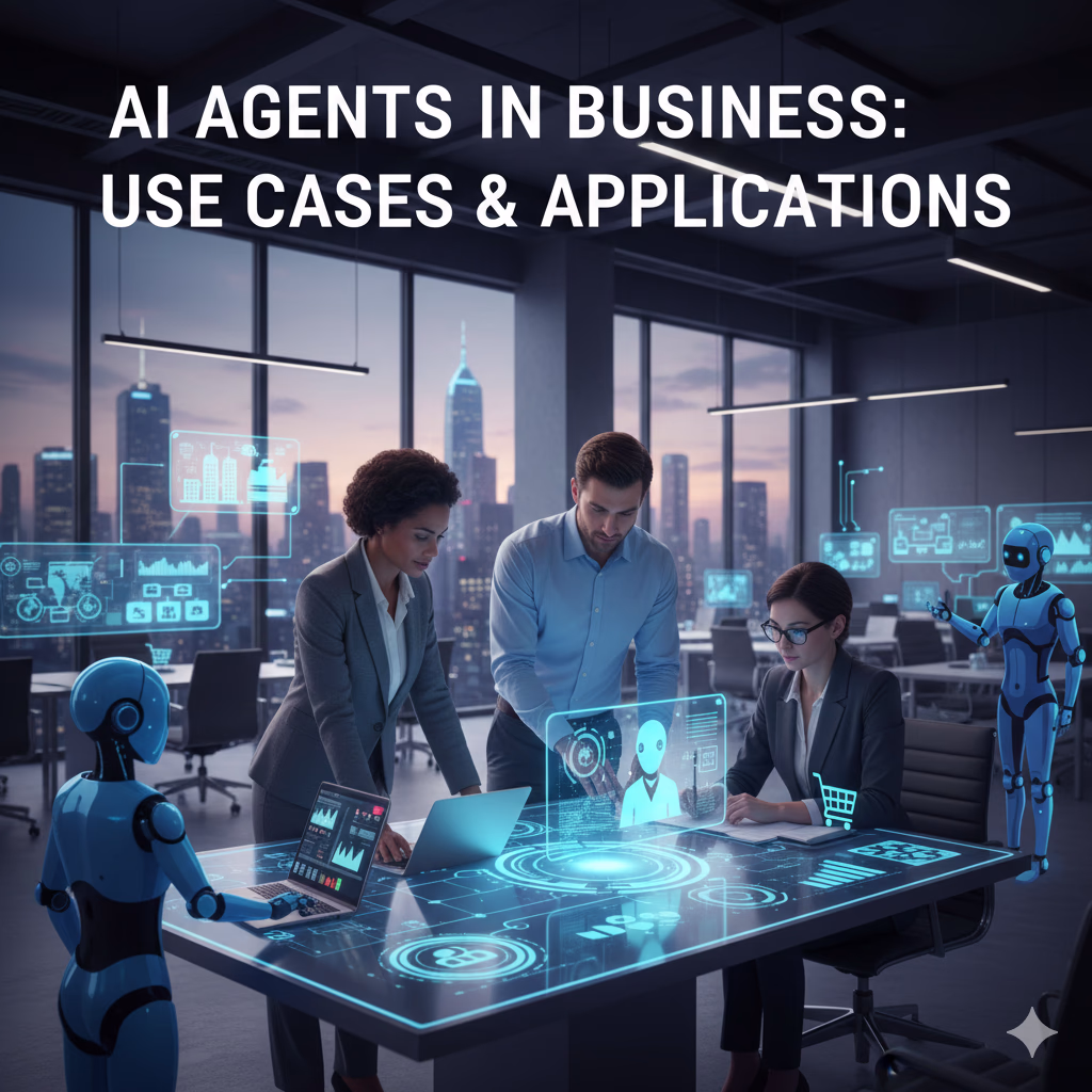 オフィスで働くビジネスパーソンが、AIエージェントやホログラフィックディスプレイ、データインターフェースを囲み、ビジネスシーンでのAI活用について議論している様子