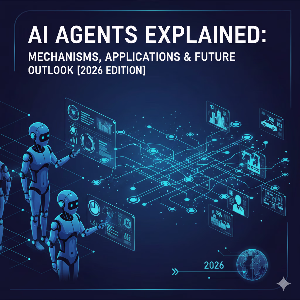 AIエージェントがネットワークやデータを操作し、スマートシティや自動運転など様々な分野で活用されている様子を描いたインフォグラフィック