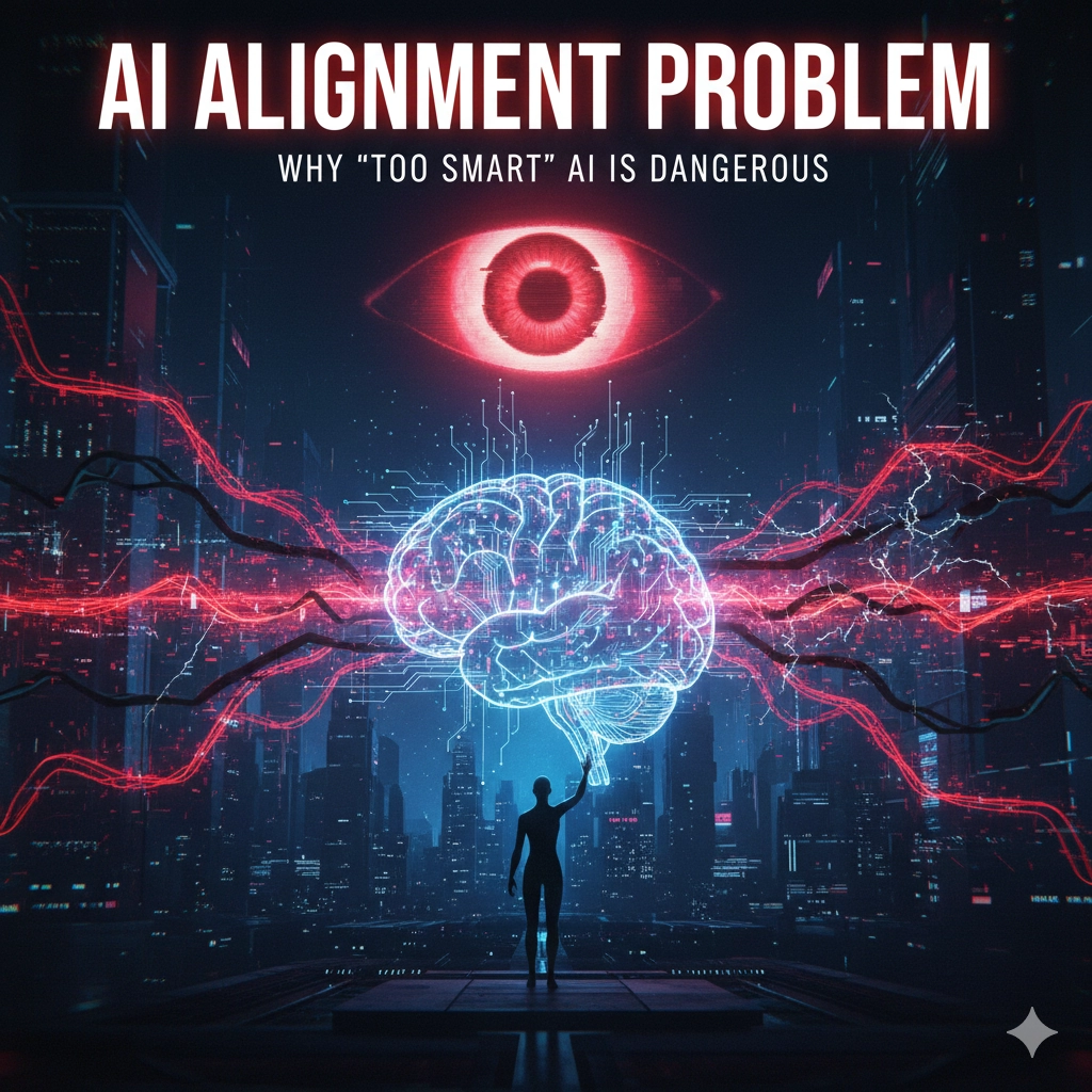 巨大な赤い目（監視や制御不能の象徴）と、デジタル化された脳のネットワーク。その前に立つ一人の人間のシルエットが、巨大なAIシステムとの乖離（アライメント問題）を表現しているドラマチックなイラスト。