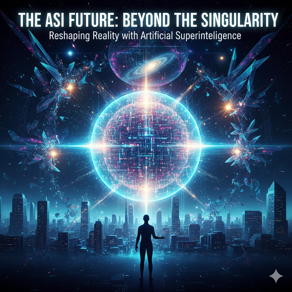 未来的な都市の真上に、銀河と回路を内包した巨大な光り輝く球体（ASIの象徴）が浮かんでいる様子。手前にはそれを見上げる人間のシルエットがあり、シンギュラリティ後の壮大な未来を表現している。