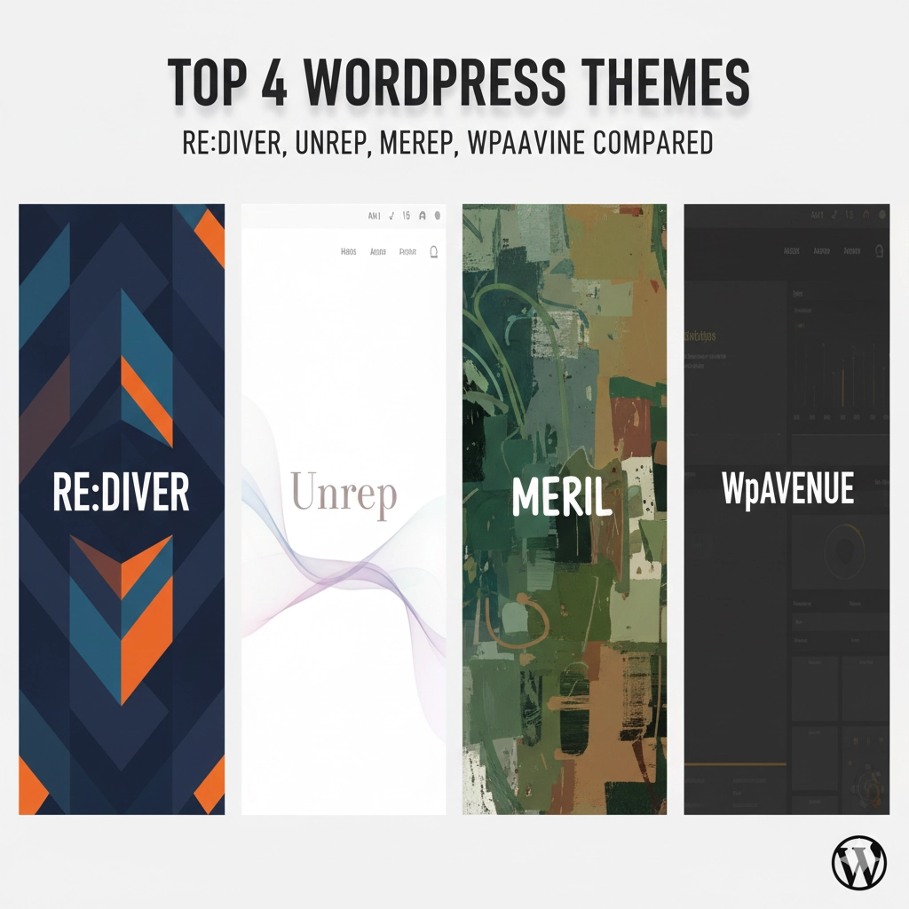 WordPressのおすすめテーマ4選（RE:DIVER、Unrep、MERIL、WpAvenue）を、4つの異なるスタイルパネルで表現した比較用アイキャッチ画像。右下にはWordPressのロゴが配置されている。