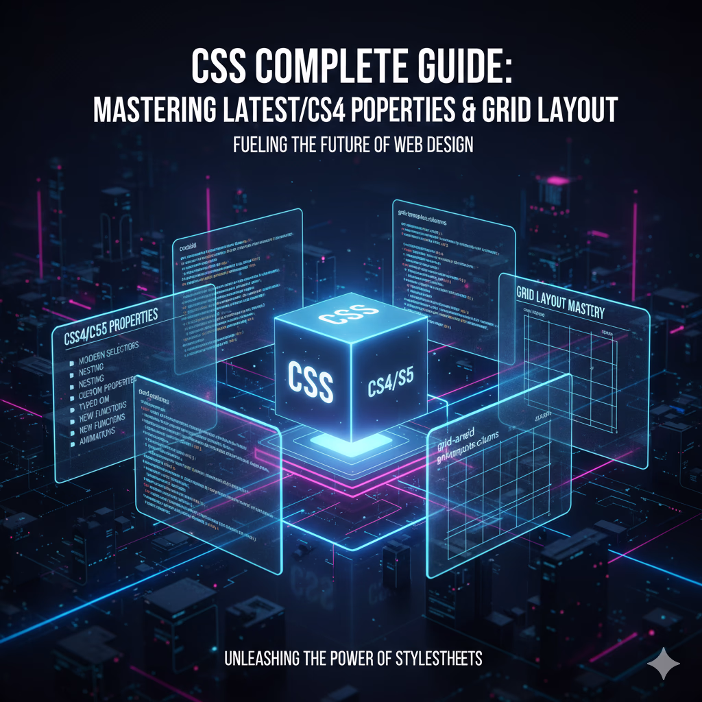A high-tech visualization of CSS development featuring a glowing 3D cube with "CSS" and "CS4/S5" labels, surrounded by floating panels showing grid layouts and property lists.