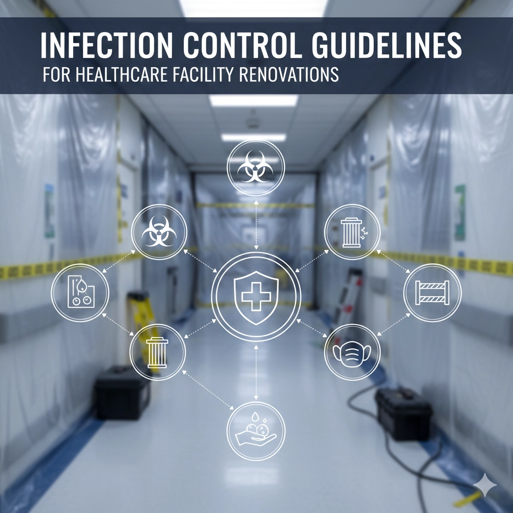 養生シートで保護された病院の廊下を背景に、感染防止・安全管理のアイコンと「INFECTION CONTROL GUIDELINES」の文字が重なった画像