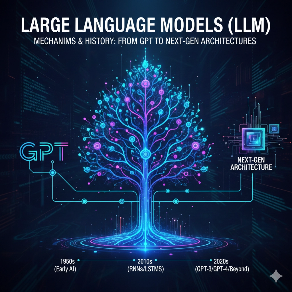 大規模言語モデル（LLM）の進化を象徴する光り輝くデジタルツリーのイラスト。下部には1950年代から現代までのタイムラインがあり、GPTから次世代アーキテクチャへの流れが視覚化されている。