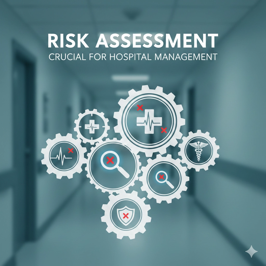 病院の廊下を背景に、歯車と医療アイコン、そして「RISK ASSESSMENT - CRUCIAL FOR HOSPITAL MANAGEMENT」という英語テキストが描かれたグラフィック画像