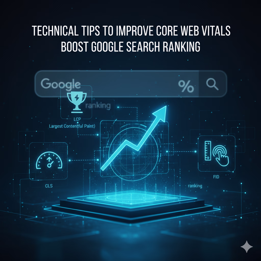 Core Web Vitalsの指標（LCP, FID, CLS）と、上昇する検索順位のグラフを表現したテクニカルなアイキャッチ画像。
